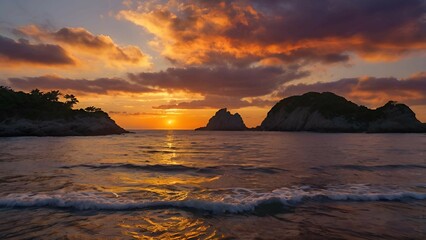 Fototapeta premium Stunning Sunset Over Rocky Seascape with Dramatic Clouds