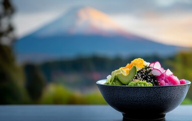 A colorful poke bowl with fresh ingredients set against a stunning mountain backdrop, capturing a blend of nature and cuisine