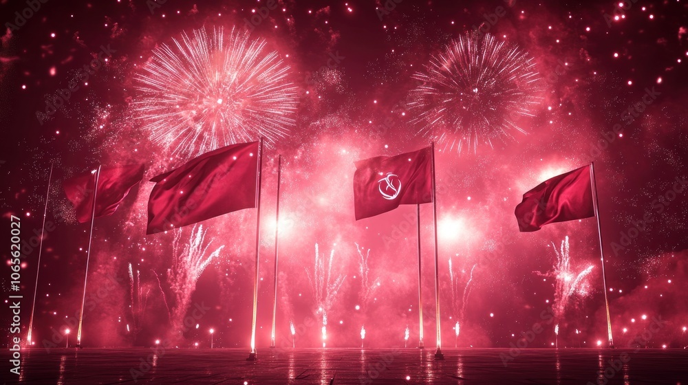 Poster red flags and fireworks display in the night sky