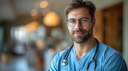 Fototapeta premium Portrait of a male doctor in scrubs with a stethoscope, exuding confidence and professionalism, set against a neutral background that highlights his compassionate demeanor.
