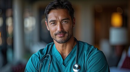 Fototapeta premium Portrait of a male doctor in scrubs, confidently wearing a stethoscope, conveying professionalism and dedication in a clinical setting, emphasizing healthcare expertise and compassion.