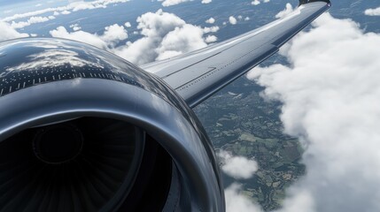 A close-up of a jet engine with a wing and clouds in the background.