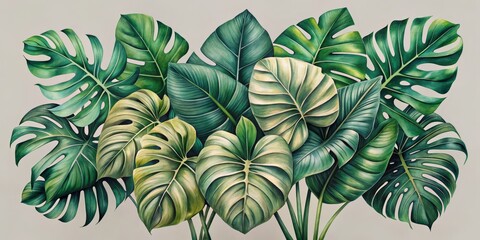 Tropical Leaf Arrangement in Watercolor - A Lush Composition of Monstera and Swiss Cheese Plant Leaves Against a Neutral Background