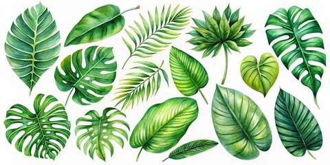 Watercolor Illustration of Lush Tropical Leaves in a Vibrant Green Palette