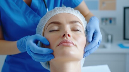 Naklejka premium Aesthetician examines woman's face before cosmetic procedure in clinic, AI