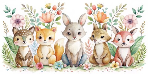 Obraz premium Watercolor Illustration of Five Adorable Forest Animals Surrounded by Flowers and Greenery