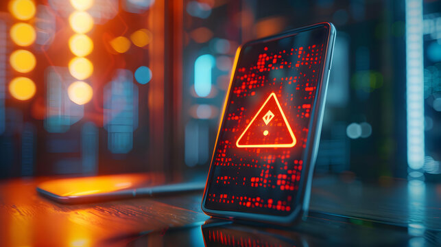 Cybersecurity warning on smartphone against nighttime cityscape
