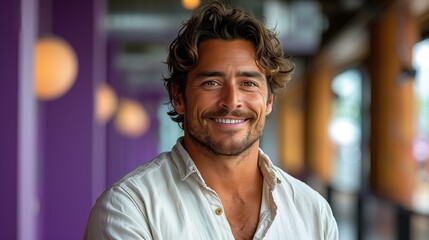 Fototapeta premium Confident Young Professional Against Vibrant Purple Backdrop, a charismatic individual exuding warmth and approachability