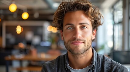 Obraz premium Young professional in a modern tech office setting, confident expression, vibrant atmosphere, engaging presence