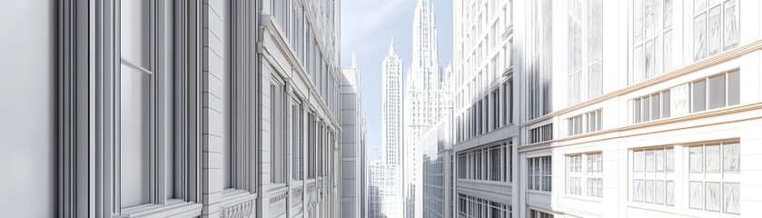 Fototapeta premium White Building Facade with Window Views and Tall Building in the Distance