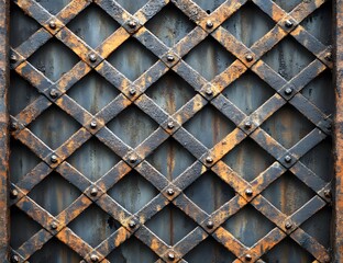 Fototapeta premium A close-up of an old, rusted metal grid with diamond shapes. The texture is rough and textured, giving it the appearance of aged ironwork. 