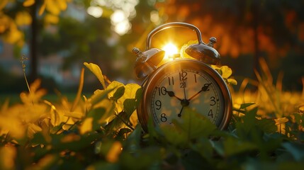 Vintage alarm clock on green grass in sunlight with blurred background, time concept