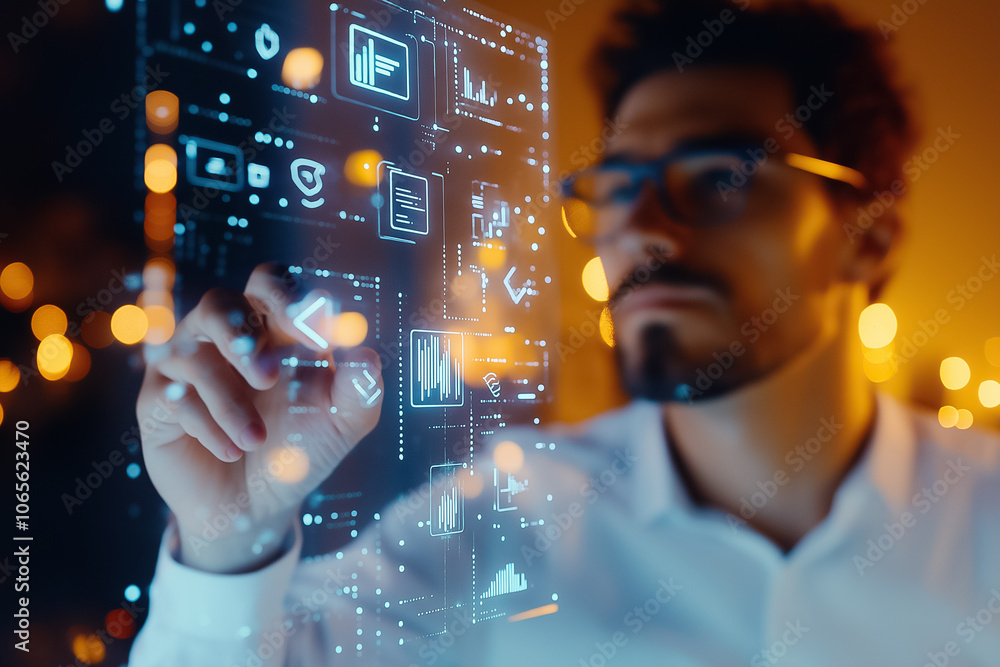 Poster a focused individual engages with interactive digital data visuals in an illuminated workspace durin