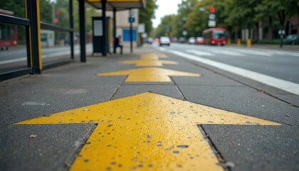 Close-Up Empty Bus Stop with Yellow Evacuation Arrows