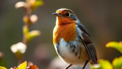 Fototapeta premium Close-up of charming American robin showcasing orange breast and brown feathers in garden