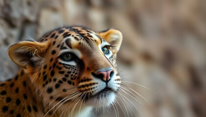 Obraz premium A close-up portrait of a young adult leopard with striking blue eyes and a spotted fur coat, against a blurred natural background