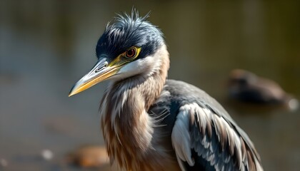 Fototapeta premium Male black-crowned night heron with bold black and white feathers poised by a peaceful pond