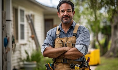A handyman stands in front of a house with his arms crossed, smiling at the camera.