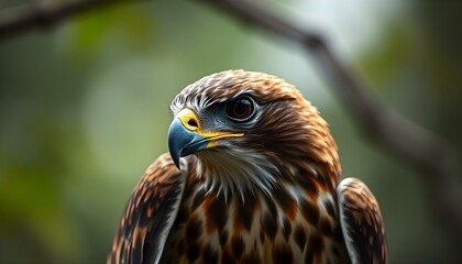 Female red-tailed hawk showcasing powerful beak and sharp eyes perched on a branch