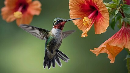 Fototapeta premium Hummingbird Hovering Near Vibrant Hibiscus Flowers