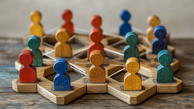 Colorful wooden figures connected in a network formation on a rustic wooden table