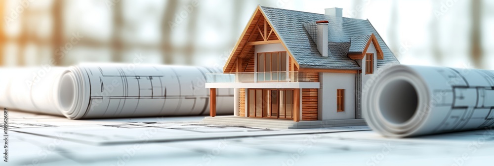 Poster 3d rendering project of new building model house on blueprint plan
