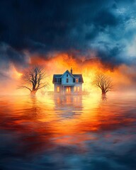 Haunting landscape of a house engulfed in flames and surrounded by flooded waters.