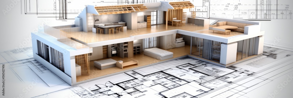 Poster vision of architecture of a 3d model house project with blueprint