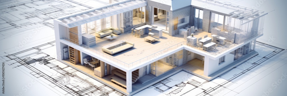 Poster vision of architecture of a 3d model house project with blueprint
