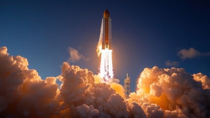 A powerful rocket blasts off into a clear blue sky, leaving a trail of smoke and fire behind it.