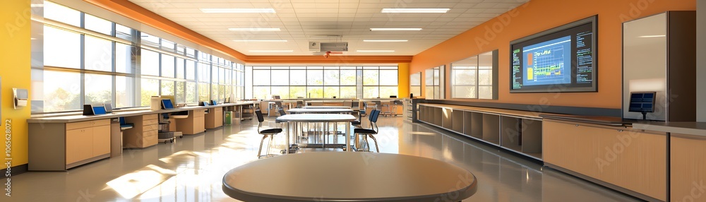 Poster a modern classroom with large windows, a flat-screen tv, and a computer lab.