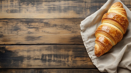 Świeży francuski croissanta leżącego na białej serwetce na drewnianym stole, otoczonego przytulną atmosferą.