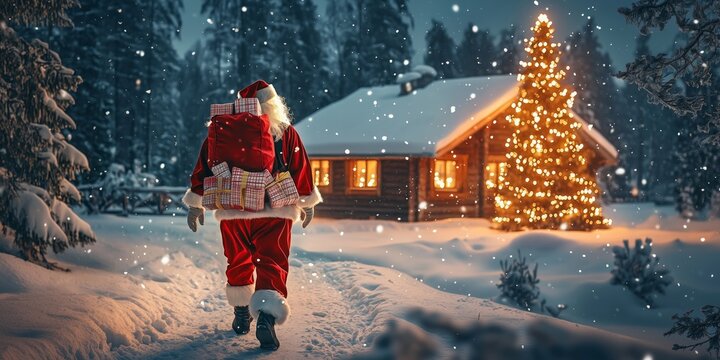 Santa Claus with a backpack full of presents walks through the snow to a lonely romantically lit hut