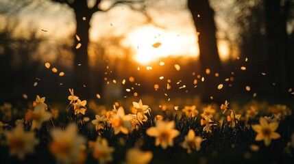 Obraz premium A field of daffodils in bloom with petals blowing in the wind as the sun sets.