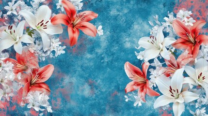 White and Orange Lilies on a Blue and Red Background