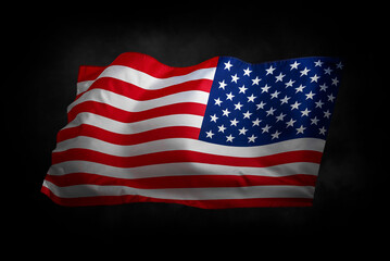 Flag of the United States of America. The US flag flutters in the wind. On a black background.