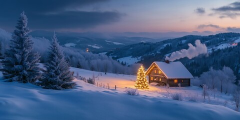 Fototapeta premium a christmas tree with candles stands in the snow next to a lonely romantically lit hut in mountains