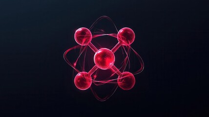 Abstract representation of a red atom structure on a dark background.