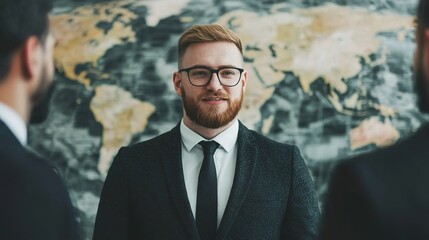 A confident man in a suit stands in front of a world map, engaging with two individuals, suggesting a business or collaborative discussion.