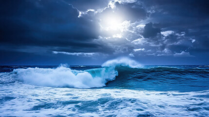 Obraz premium Majestic ocean waves crash under a dramatic moonlit sky, AI