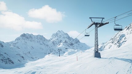 A serene snowy landscape featuring chairlifts near majestic mountains under a blue sky.