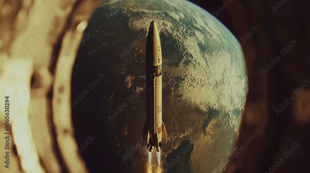 Poster a rocket launch viewed from a spacecraft window with earth in the background.