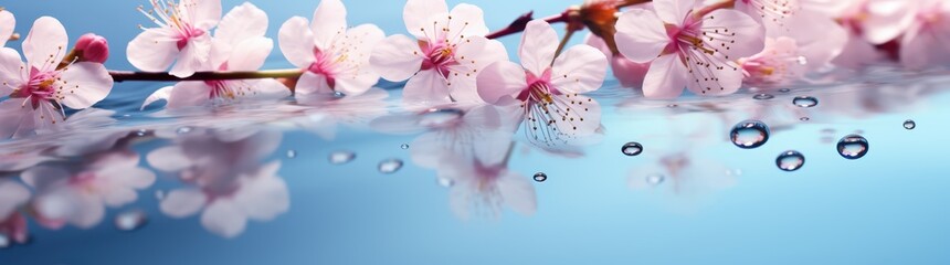 Delicate cherry blossoms float on water, creating a serene and peaceful scene