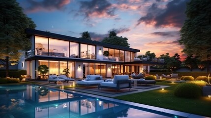 Fototapeta premium modern residential building with lighting and swimming pool in garden in the evening