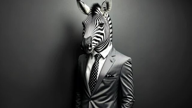 A zebra wearing a suit stands against a gray backdrop