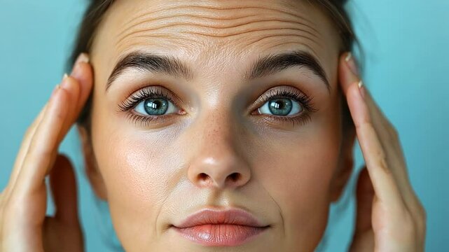 A woman's face with forehead wrinkles. The idea of collagen and facial injections, Skin care