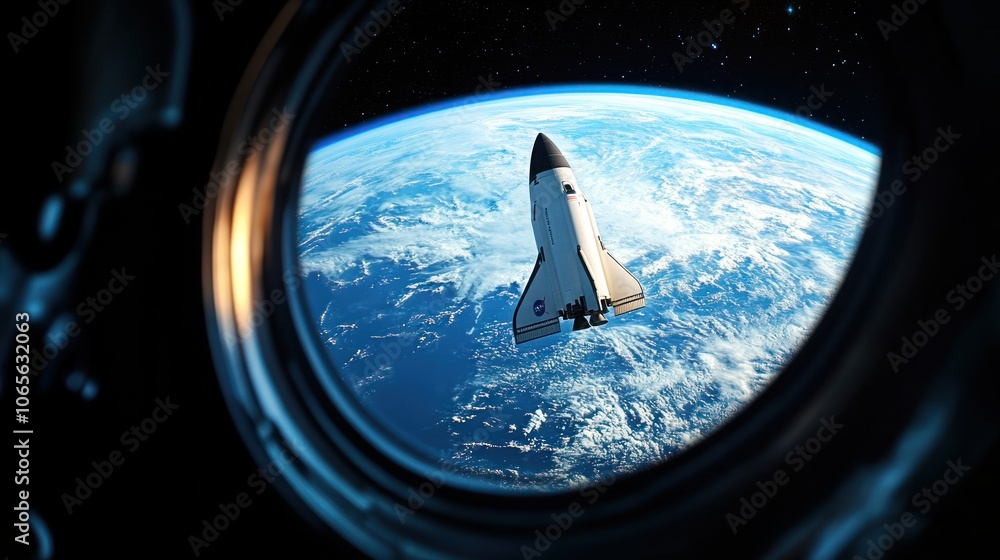 Poster view of a spaceship from an astronaut's helmet window.