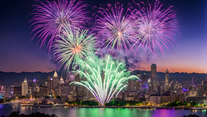 A grand fireworks show with vibrant green purple and silver sparks lighting up a city skyline, AI Generated