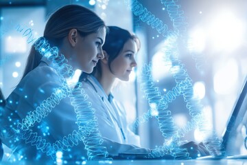 Two researchers analyze data on a computer with a DNA double helix overlay in a lab