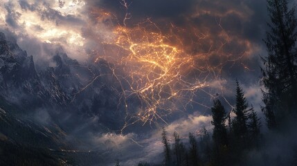 Dramatic lightning web across the sky